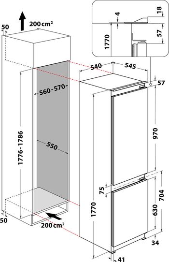 Indesit Combiné réfrigérateur congélateur Encastrable B 18 A1 D/I 1 Blanc 2 portes Technical drawing