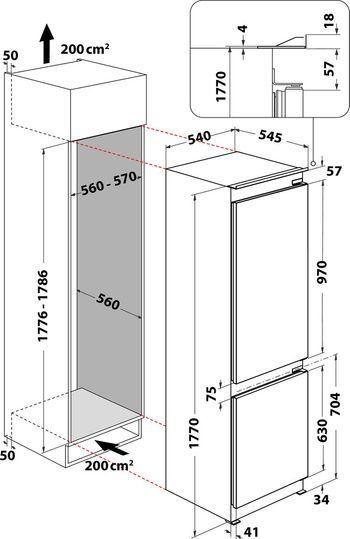 Indesit Combiné réfrigérateur congélateur Encastrable INC18 T332 Blanc 2 portes Technical drawing